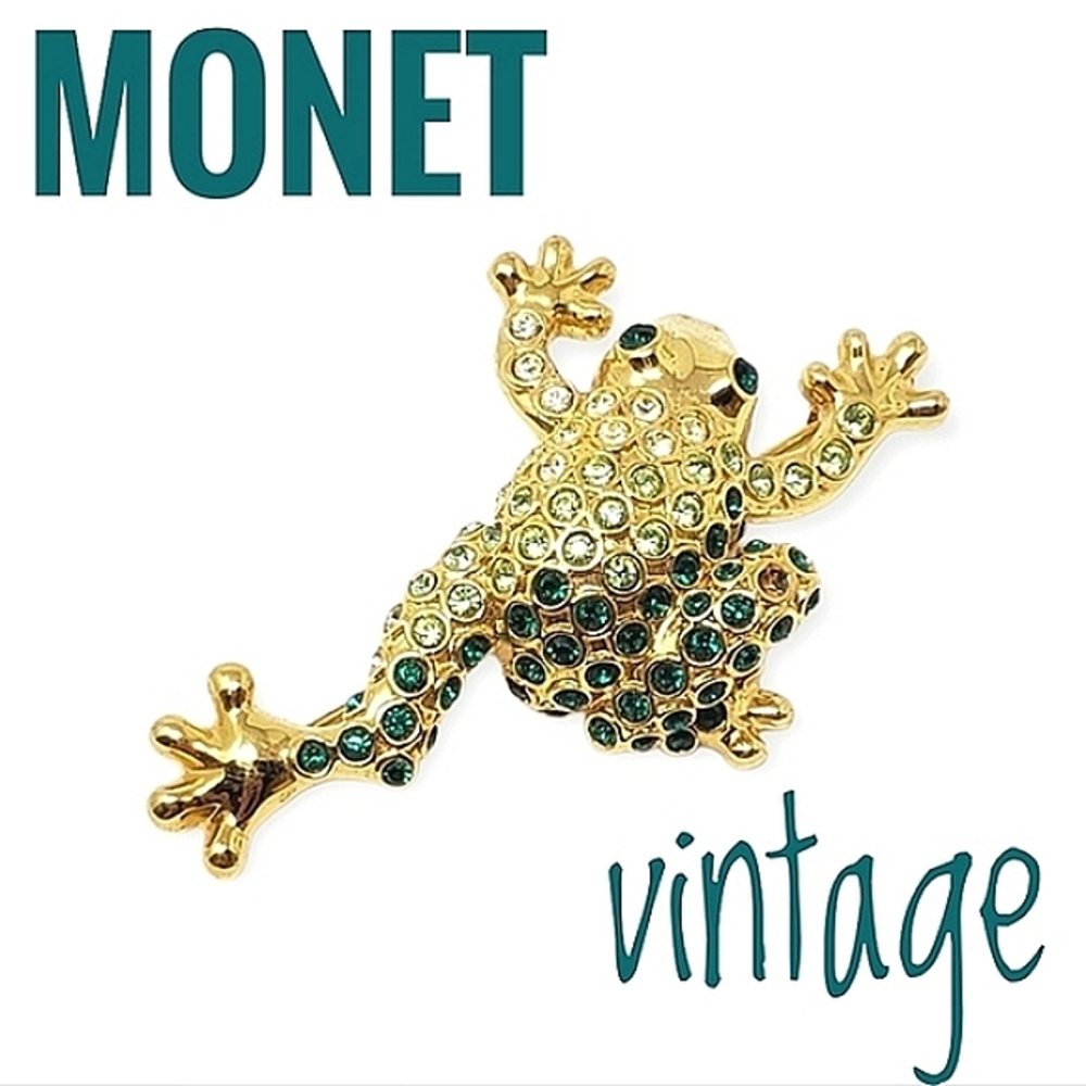 MONET Vintage Frog Climbing Brooch Emerald Green & Mint Green Gold Setting